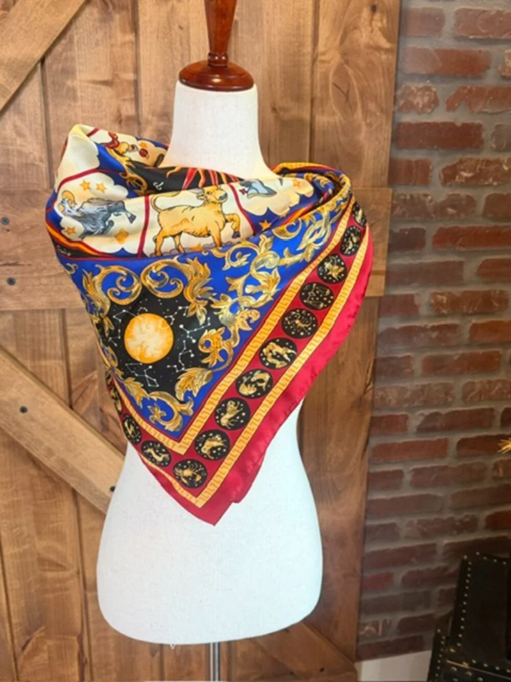Zodiac Celestial Print Satin Square Scarf Red Blue Gold 35” Wrap Shawl Bandana